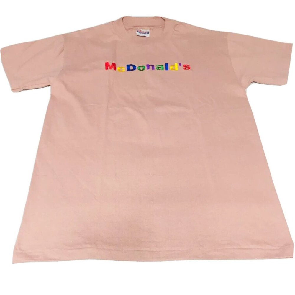 Vintage McDonald’s Spellout Single Stitch Tee Hanes Pink Sz Medium Men 90s EUC